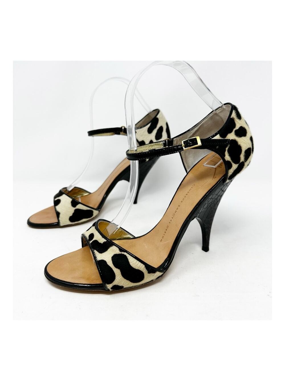 Giuseppe Zanotti Black White Pony Hair Ankle Strap Heels Womens Size 9.5